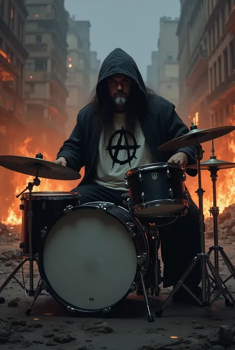 Half fat drummer, long hair covering the face, small white goatee, hooded dress, blouse with anarchy symbol print, playing on his complete black two-tone drum kit, in the street of the war-torn city and in flames at night,  bodies of dead soldiers lying on...