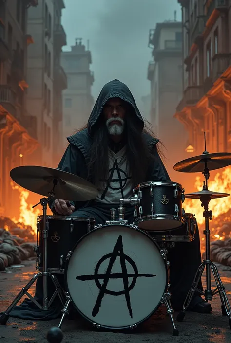 Half fat drummer, long hair covering the face, small white goatee, hooded dress, blouse with anarchy symbol print, playing on his complete black two-tone drum kit, in the street of the war-torn city and in flames at night,  bodies of dead soldiers lying on...