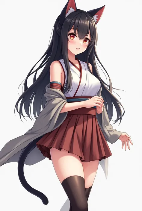 Micotte、ff14、One person, chest, Long Hair, Black Hair、Inner color red, Red eyes, Golden Eyes, Odd Eye、Anatomically correct, mini skirt、Knee-high socks、kimono、off-the-shoulderhigh-resolution, Anatomically correct, High-resolution model, Textured skin, Cat e...