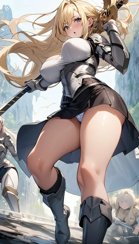 Ultra-high definition image quality、beautiful girl、Female Swordsman、Light Armor、Griepputz、Long Hair、blonde、20-year-old、Be confident々face、Very short tight skirt、Sexy posture、Cowgirl、wilderness、Highest quality,Big Ass、Big Breasts、Thighs、Grasping the hilt of ...