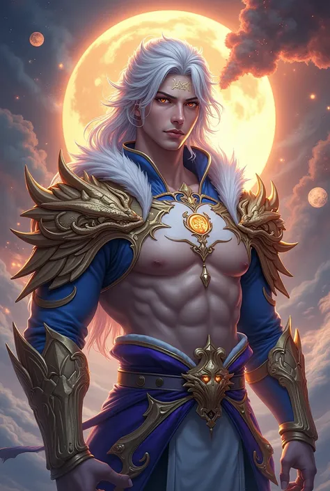 Handsome young xianxia protagonist,man,guy,long silver hair, Crimson red and golden amber eyes combination ,and long silver hair with white undertone,and the golden rune motiv  scratched on his forehead,use armour featuring like pattern on furr of white Ti...