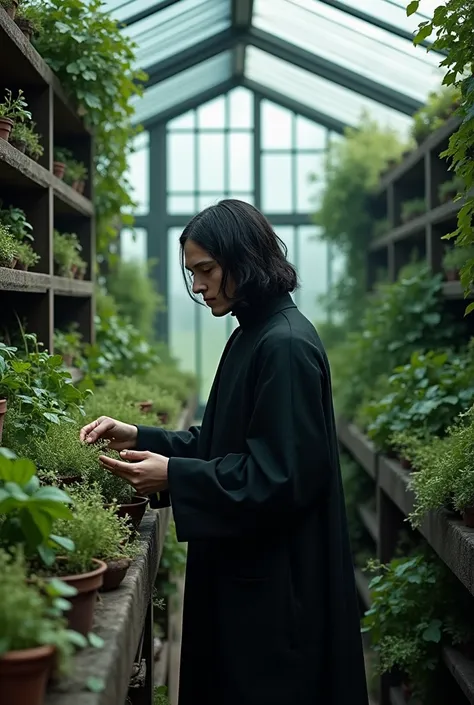 Create an image of a young Severus Snape taking plants from a greenhouse 