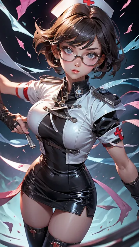 A beautiful girl wearing a white high-necked punk nurse uniform（20th Generation）She has short hair, wears glasses and long patent leather gloves.