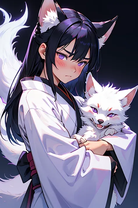 a small, white-furred kitsune child, blue-black hair and purple eyes with light blue touches and medium-long hair, a kimono, wit...