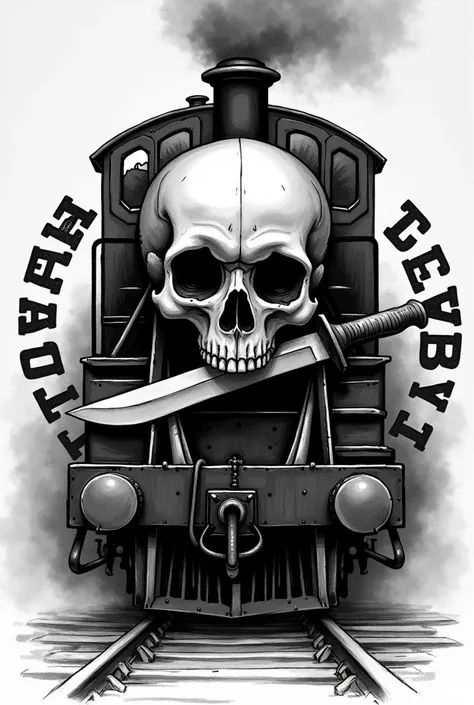 Could you create an image of a train?, with a huge skull in front and a knife in its teeth?
I would like the knife to be horizontal, I would like the following sentence to be written around the skull: TEAM GB The image would like to be in black and white d...