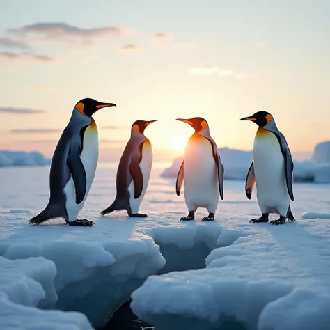 A photo of a group of penguins standing on the edge of an ice floe in the Arctic. The sun is visible on the horizon, casting a warm glow onthe ice and the penguins. The sky is clear, with a few clouds in the distance. The ice is rough and textured, with cr...