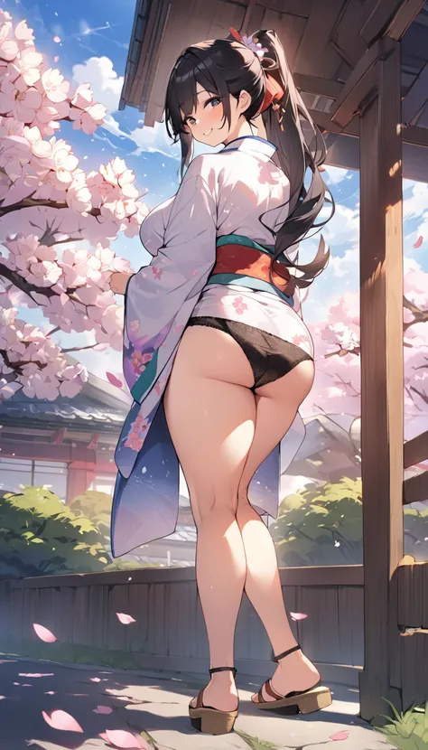 One Woman、beautiful girl、after school、evening、kimono、kimono、ponytail、Straw sandals、School、Back of the school building、spring、Cherry tree々、Cherry blossom petals fluttering、Long Hair、Highest quality、Ultra HD、Thick thighs、Big Ass、Black Hair、smile、Cotton Japan...