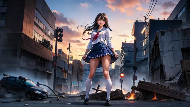 (giantess elements, high resolution, high quality, accurate body structure, detailed body), japanese schoolgirl, sailor suit, to...