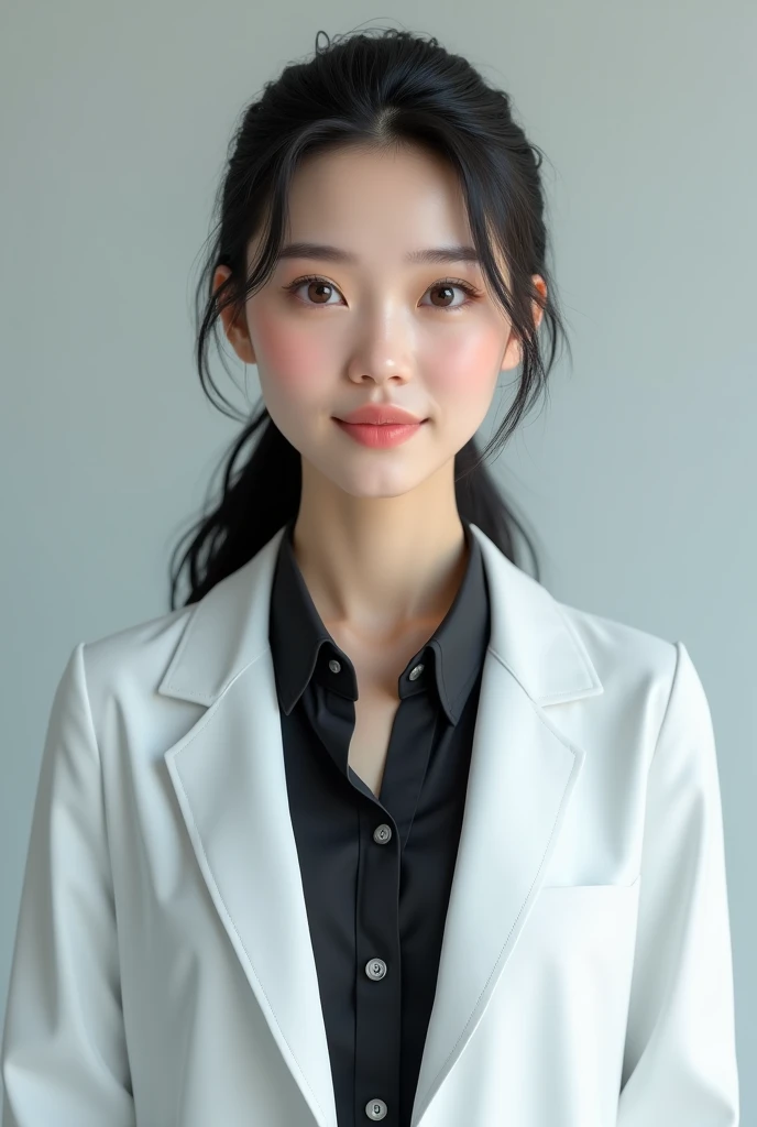 (photorealism:1.2) girl wearing white doctor blazer with black inner buttoned shirt, hair back ponytail, like passport photo with face and body facing straight forward, not at an angle, face and body front view and not sideways even at a little angle, half...