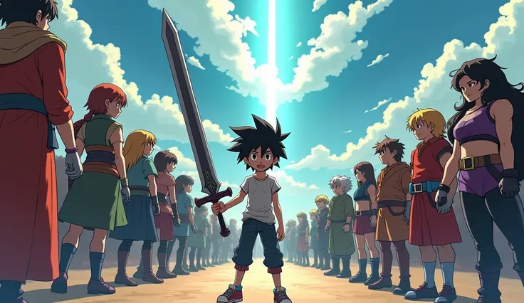 10 year old anime looser boy, big magic sword in hand, stand left side,10 people in battle stand right side ,in line 