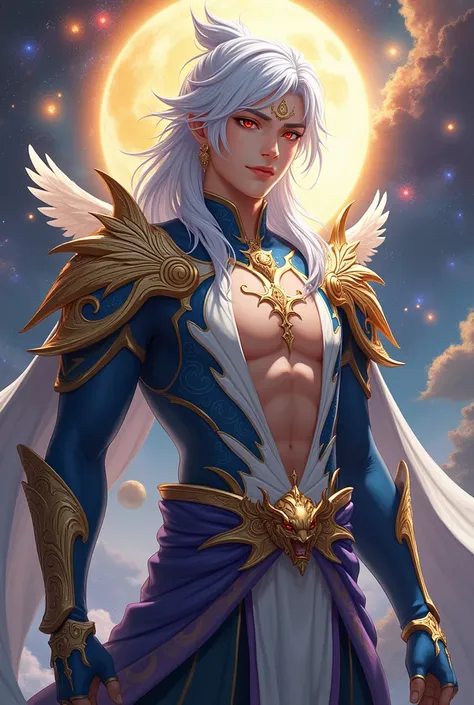 handsome young xianxia protagonist,man,guy,long silver hair, crimson red and golden amber eyes combination ,and long silver hair with white undertone,and the golden rune motiv  scratched on his forehead,use armour featuring like pattern on furr of white ti