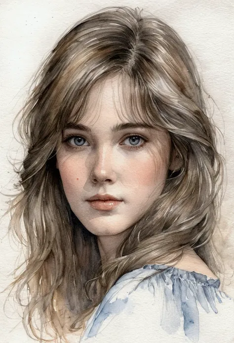 a delicate, watercolor painting portrays, a beautiful young monica belluccy,  without background, her features rendered in subtl...