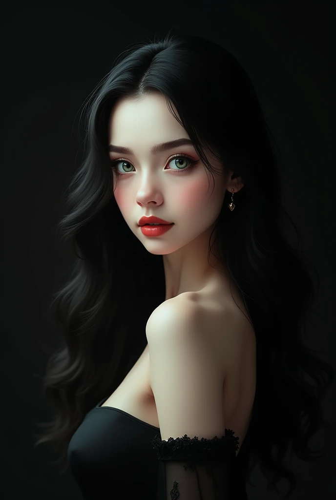 A girl with a diamond-shaped face, thin nose, thick, slightly red lips and very long, wavy black hair, with a very small waist, and a fitted dress, with a dominant look and big green and blue eyes with very white skin and a dark background 