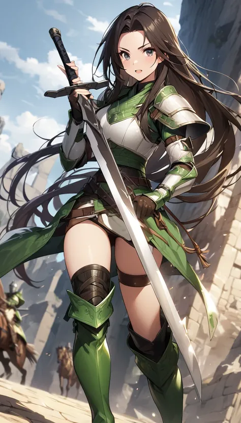 Ultra-high definition image quality、beautiful girl、Woman warrior、Female Swordsman、Light Armor、Green Boots、Long Hair、Knight&#39;s Hair Ornament、Black Hair、20-year-old、Be confident々face、Very short tight skirt、Sexy posture、wilderness、Highest quality,Big Ass、B...