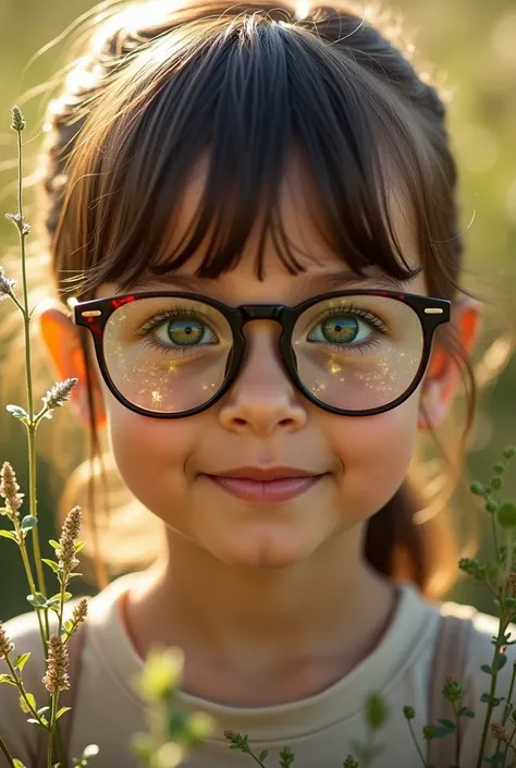 Photograph of a child&#39;s face with glasses and reflections in them with medicinal herbs on the sides in an environment with morning light