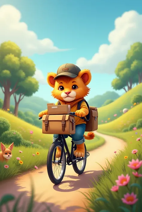 Little lion delivering parcels on bicycle，