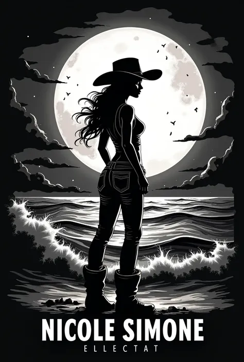 Me.You can generate a logo that says Nicole Simone where a rancherita appears with a hat and jeans looking at the.rough sea,  The brand is called Nicole Simone,  The moon must appear reflecting the sea in black and white,  Woman 1.70 height and medium buil...