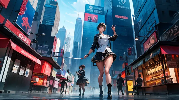 huge asian woman, sit on the street and play with cyberpunk city cars, little guys running around a giant, stand on your hands, ...