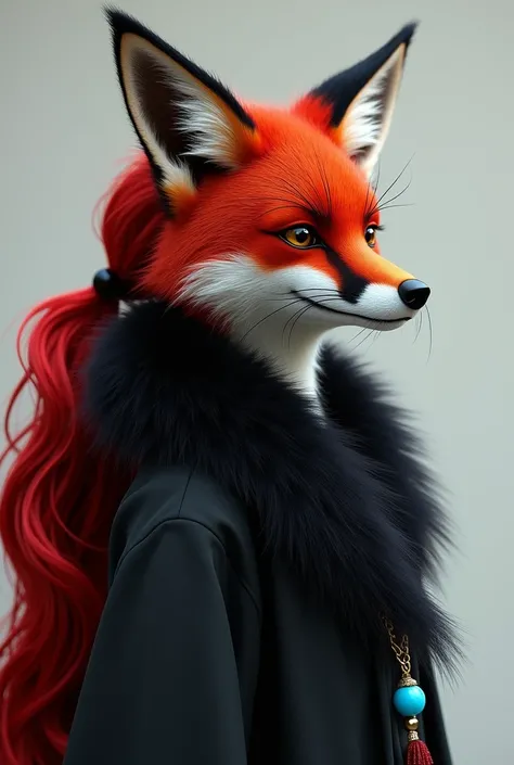 Anthropomorphic fox with long red hair tied with a blue bead at the end with black locks and a black fur scarf 