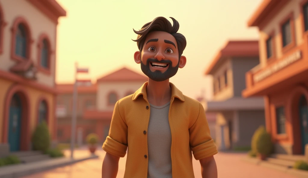 In 3D animation style:*Ramesh standing in front of the school and hospital**, his expression proud but humble, as he reflects on the journey from struggle to success.
