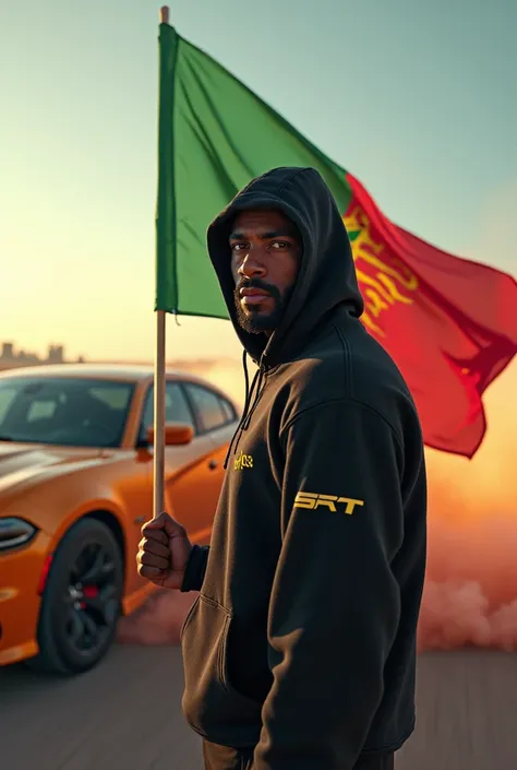 Je veux créer limage dun gars qui drift une Dodge charger srt . Le gars en question tient le drapeau du Sénégal .Le gars porte un pull à capuche noir. Il porte le capuchon du pull,son visage nest pas bien visible et derrière son pull est inscrit le logo SR...