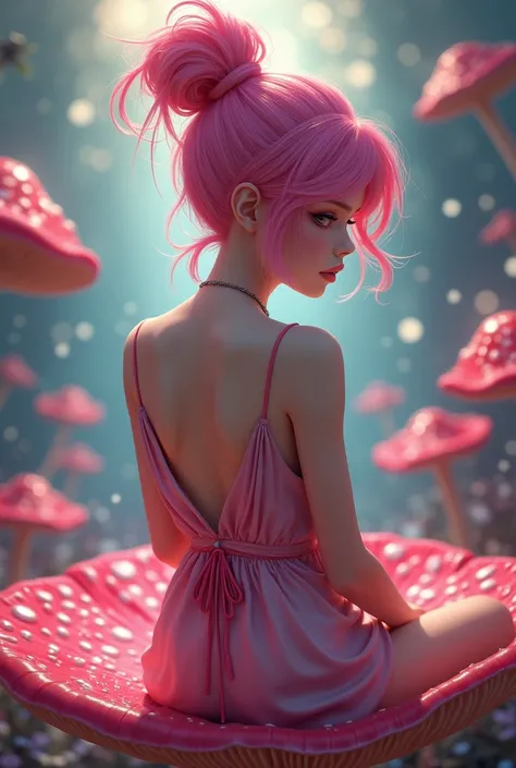 a beautiful 18 year old girl,1girl,psychedelic anime style,colorful,trippy,sitting on a giant mushroom,elegant,chic,modern,fashionable,pink hair in a bun,bare shoulders,muted colors,soft lighting,art nouveau,(best quality,4k,8k,highres,masterpiece:1.2),ult...