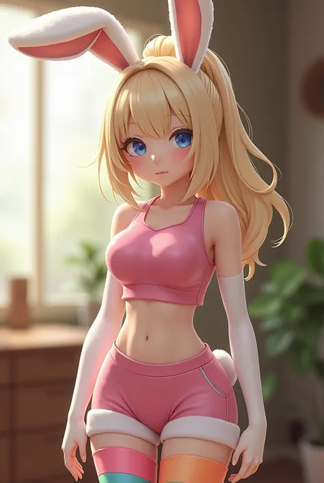 female, anthropomorphic rabbit, white fur, blue eyes, solo, blonde hair, ponytail, straight bangs, blue eyes, short, curvy body, flat chest, pink croptop, shorts, rainbow thigh high, indoors, room house, highly detailed, realistic