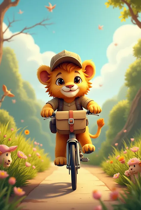 Little lion delivering parcels on bicycle，