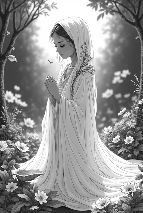 A virgin of the valley, in black and white to draw with some oysters in the background