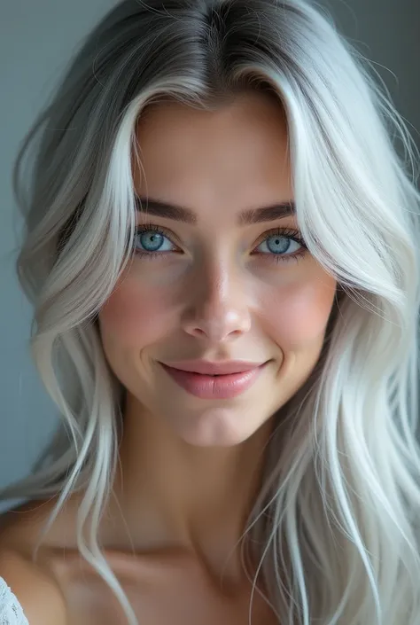 Silver hair, Hair over the shoulder, Long hair, blue eyes, nice smile, Cowboy-shot, 85mm, Canon, uhd, anatomically correct, textured skin, Super Detail, 8k