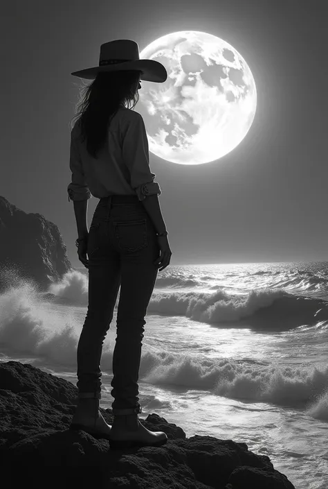 Me.You can generate a logo that says Nicole Simone where a very realistic rancherita appears with a hat and jeans looking at the.rough sea,  The brand is called Nicole Simone,  The moon must appear reflecting the sea in black and white,  Woman 1.70 height ...