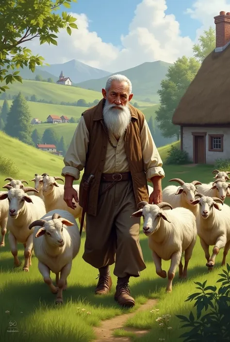 An old man grazing goats in a village field