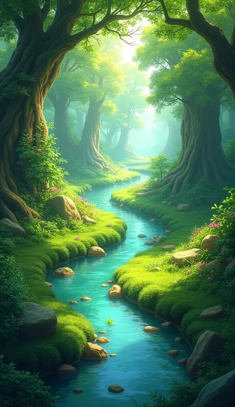 draw a picture of a dense green forest with a flowing river