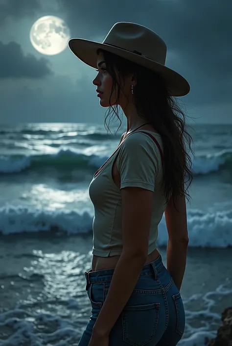 Me.You can generate a logo that says Nicole Simone, that&#39;s the most important thing.,  where a very realistic rancherita appears with a hat and jeans looking at the.rough sea,  The brand is called Nicole Simone,  The moon must appear reflecting the sea...