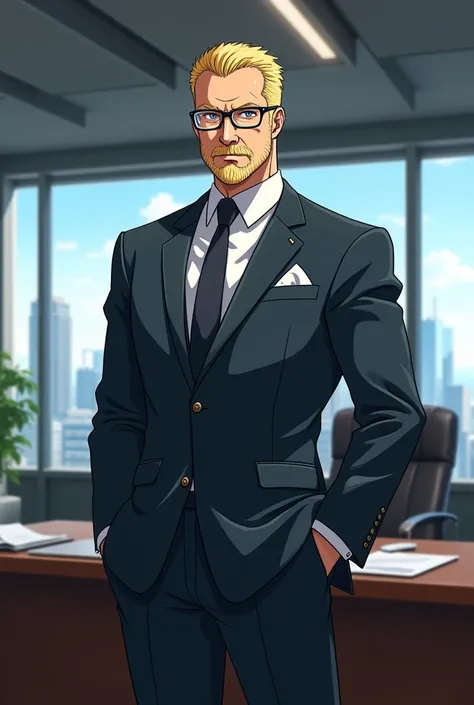 Lord of glasses, businessman, short blond hair with beard and serious, anime 