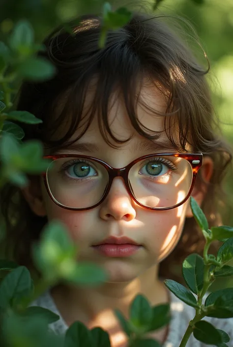 Photograph of a child&#39;s face with glasses and reflections in them with pennyroyal herbs on the sides in an environment with morning light and shadows projected on his face 
