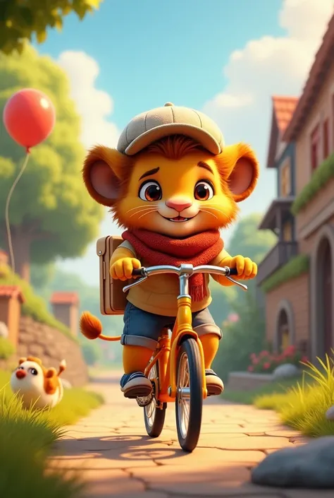 Little lion delivering parcels on bicycle，Disney，Pixar