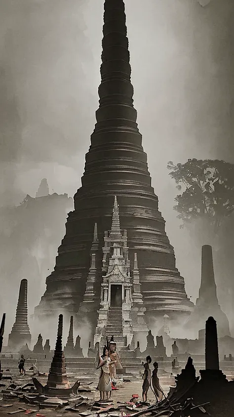 
"A rare, faded, and blurry old-style image of Thai villagers from the Ayutthaya period standing near the wreckage of a massive, heavily damaged UFO that is partially embedded into the ground. The UFO is intricately detailed with a futuristic design, appea...