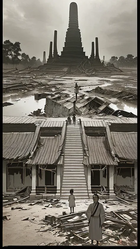 
"A rare, faded, and blurry old-style image of Thai villagers from the Ayutthaya period standing near the wreckage of a massive, heavily damaged UFO that is partially embedded into the ground. The UFO is intricately detailed with a futuristic design, appea...