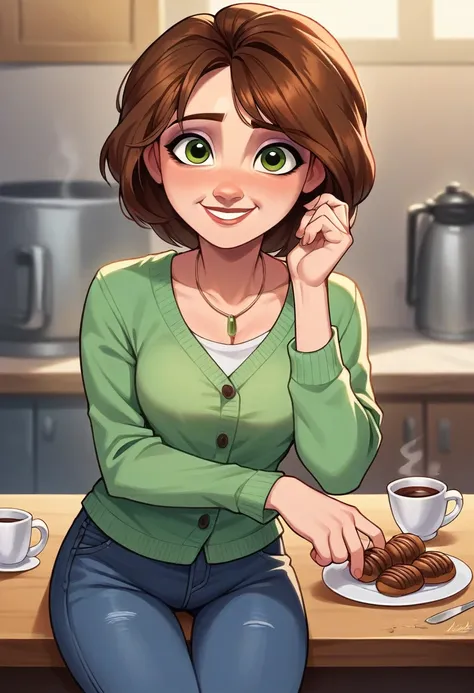 Create a detailed image of a woman in her late 30s with a warm and caring demeanor, similar to Aunt Cass from the movie Big Hero 6. She has shoulder-length brown hair, green eyes, and is wearing a light green cardigan over a white shirt and jeans. She is i...