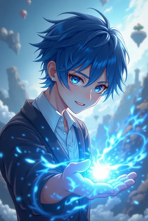 1man, anime, anime man, extremely detailed face, longeyelashes, medium hair, japanese school uniform, blue hair, blue eyes, glowing hands, energy aura, detailed magical effects, epic fantasy landscape, ancient ruins, floating islands, cinematic lighting, d...