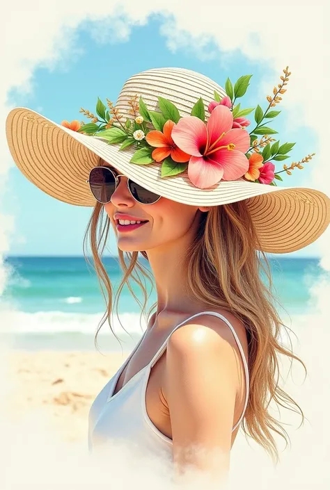 A drawing sketch of a Beach Hat with flowers on the Hat