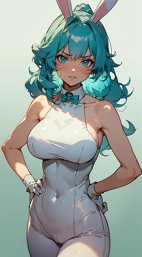 Beautiful woman , curly hair , teal hair , hair in a ponytail , blue eyes , pale skin , ((white bunny ears:1.2)), large breast, age 33, 

Standing with hands on hips , angry expression, dynamic shot , scene from an anime , Seinen anime . 

Wearing wearing ...