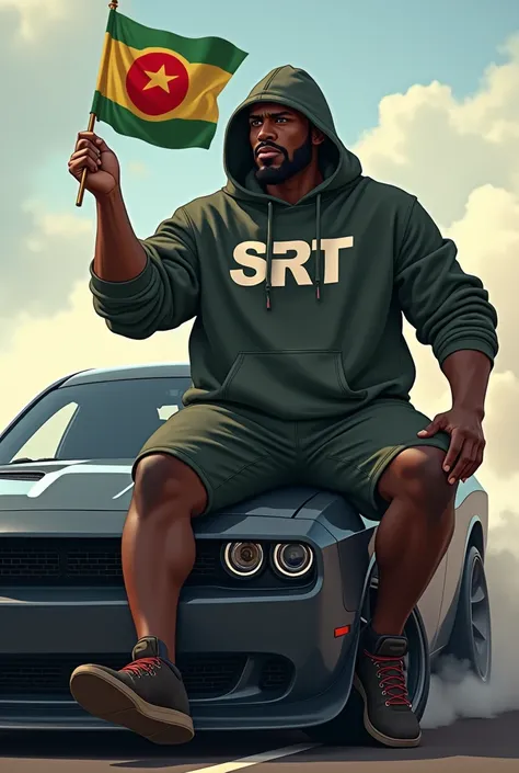 Je veux cette même image mais le pull du gars derrière est inscrit le logo srt, le drapeau Sénégal doit être plus petit et le gars un peu corpulent en même temps le gars porte le capuchon du pull. Le gars est assis sur une dodge SRT qui fait un drift et ti...