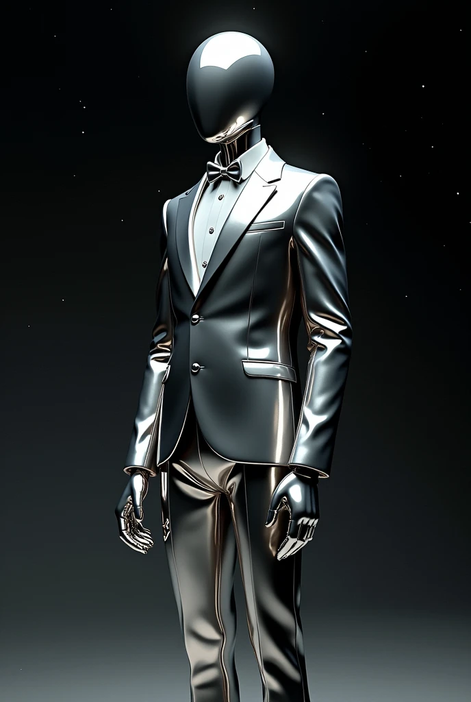 A humanoid figure made of shiny metal, no facial features or hair, wearing a tux and cotton gloves. In the middle of space.