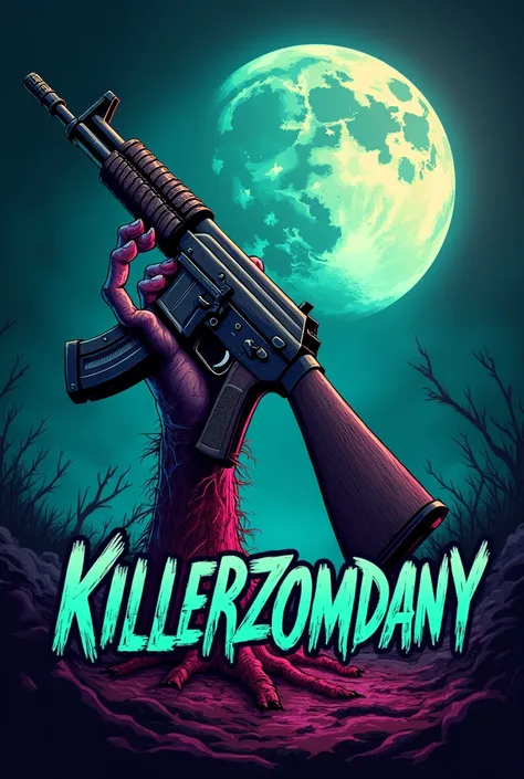 A logo of a realistic zombie hand, coming out of the ground, with an ak47, with the bright moon in the background. With phosphorescent green and phosphorescent pink colors. With the name KILLERZOMDANY in bright blue. 