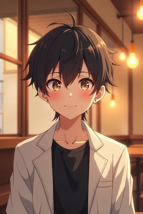 Boy looking forward with tenderness and mischievous eyes with a mouth in the shape of a *IN* anime style with white jacket and black shirt in the background of a cafe 