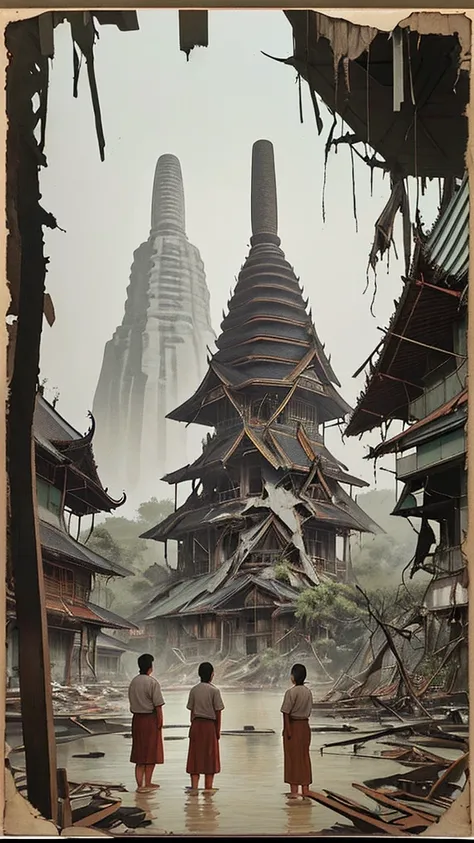 "A rare, faded, and blurry old-style image of Thai villagers from the Bangkok period standing near the wreckage of a massive, heavily damaged UFO that is partially embedded into the ground. The UFO is intricately detailed with a futuristic design, appearin...