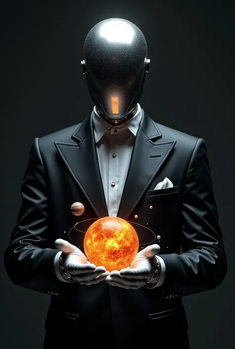 A humanoid figure made of shiny metal, no mouth, eyes, nose, ears, or hair, wearing a black tux and cotton gloves. In the middle of space holding a solar system in its hands