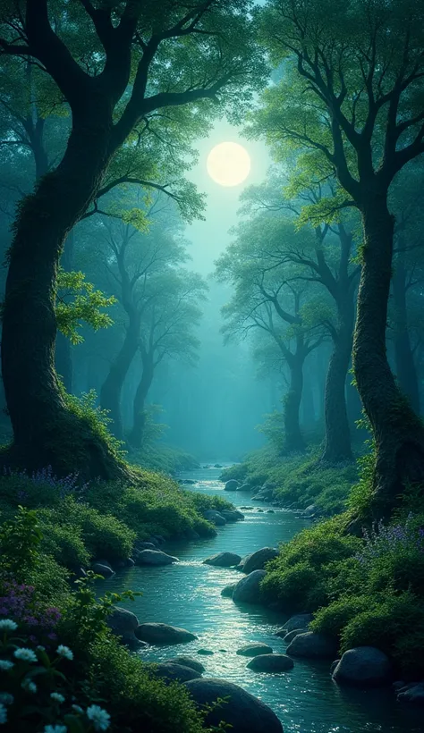 draw a picture of a dense green forest with a flowing river at night lit by moonlight